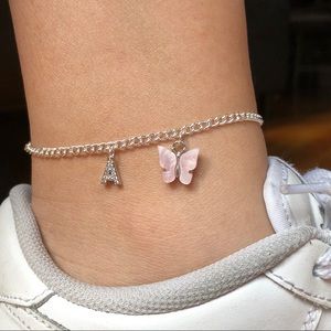 Silver Curb Custom Initial Letter Butterfly Anklet